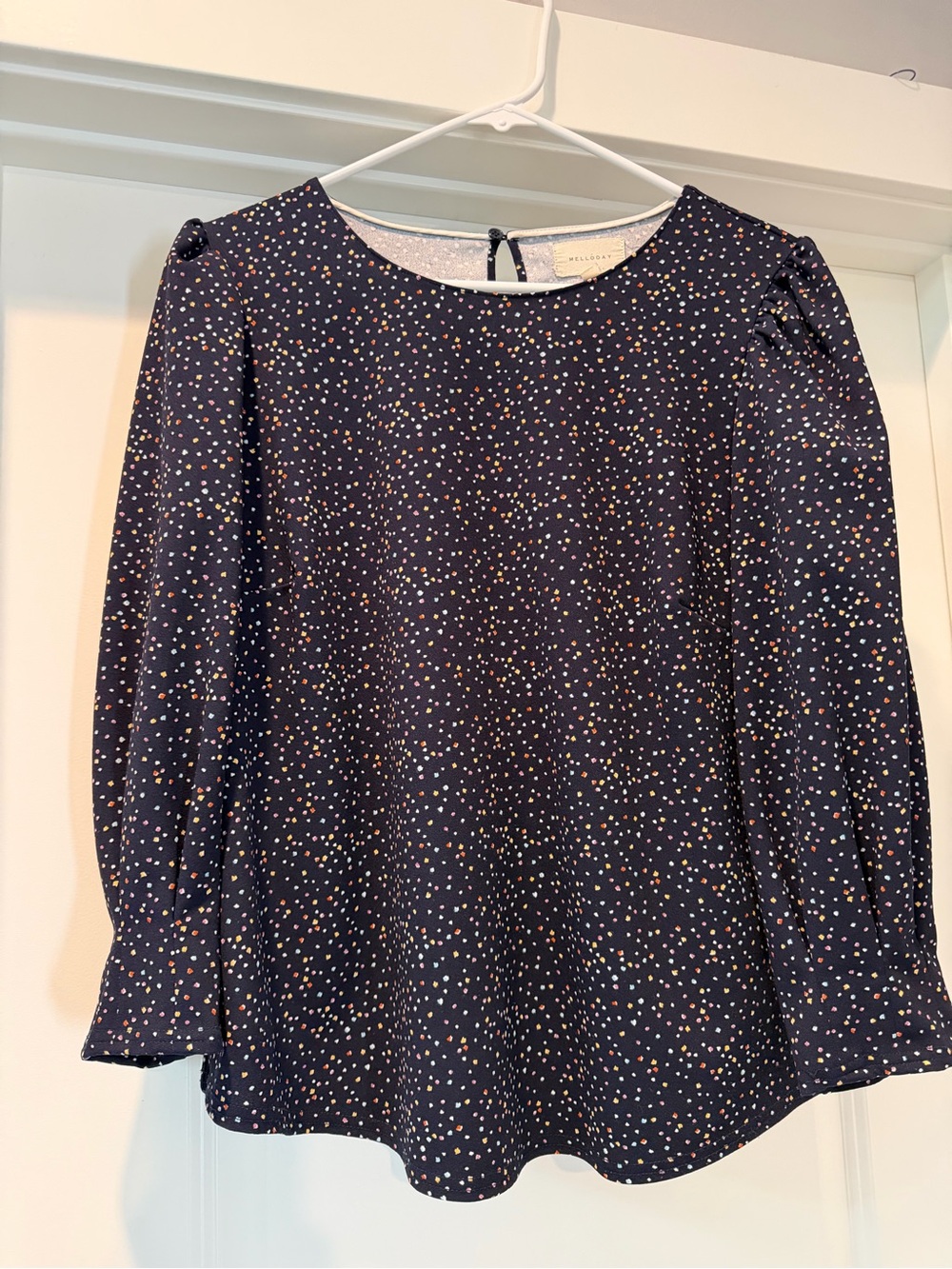 Melloday Navy Confetti Dot 3/4 Sleeve Blouse Size Medium